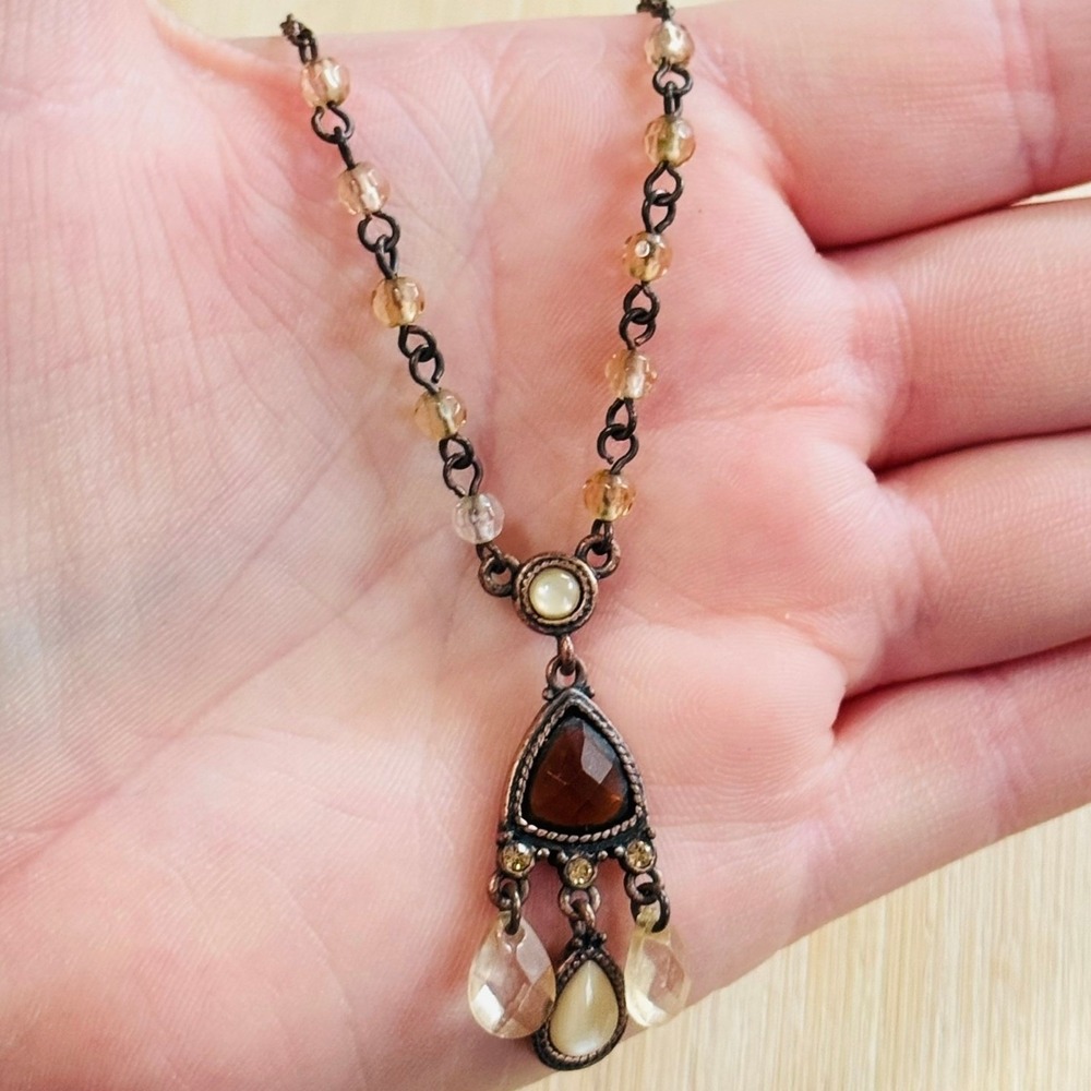 Victorian Style Necklace VTG 1928 Co yellow crystal Y-drop choker ornate 18"